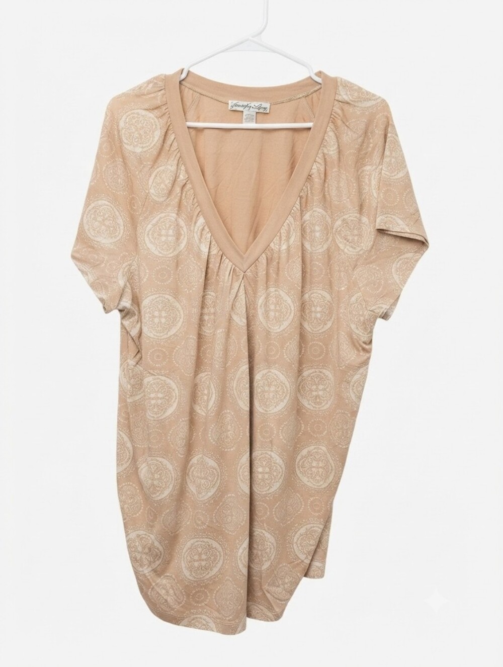 French Laundry Women’s Plus Size 22/24 V-Neck Short Sleeve Tunic Top Tan Pattern